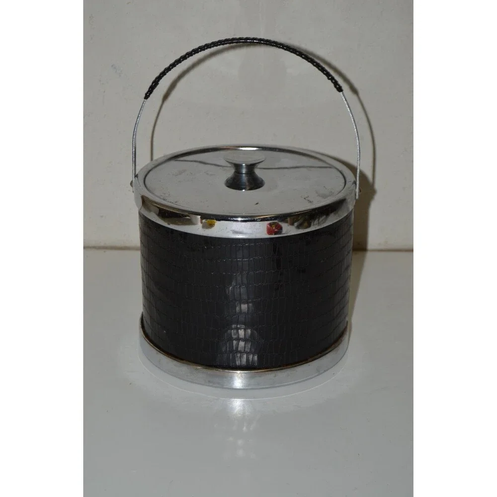 Vintage Black & Chrome Faux Snake Skin Cocktail Bar Ice Bucket Rare Japan